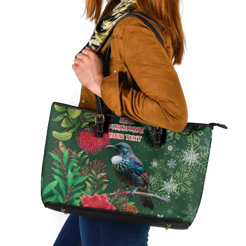 Tui Meri Kirihimete Personalised Leather Tote Bag Pohutukawa Flowers Green Motif - Polynesian Pride