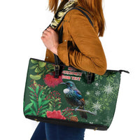 Tui Meri Kirihimete Personalised Leather Tote Bag Pohutukawa Flowers Green Motif - Polynesian Pride