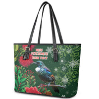 Tui Meri Kirihimete Personalised Leather Tote Bag Pohutukawa Flowers Green Motif - Polynesian Pride