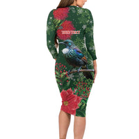 Tui Meri Kirihimete Personalised Long Sleeve Bodycon Dress Pohutukawa Flowers Green Motif - Polynesian Pride