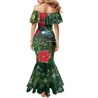 Tui Meri Kirihimete Personalised Mermaid Dress Pohutukawa Flowers Green Motif - Polynesian Pride