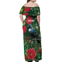 Tui Meri Kirihimete Personalised Off Shoulder Maxi Dress Pohutukawa Flowers Green Motif - Polynesian Pride