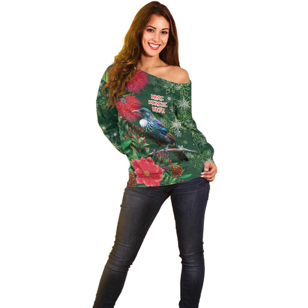 Tui Meri Kirihimete Personalised Off Shoulder Sweater Pohutukawa Flowers Green Motif - Polynesian Pride
