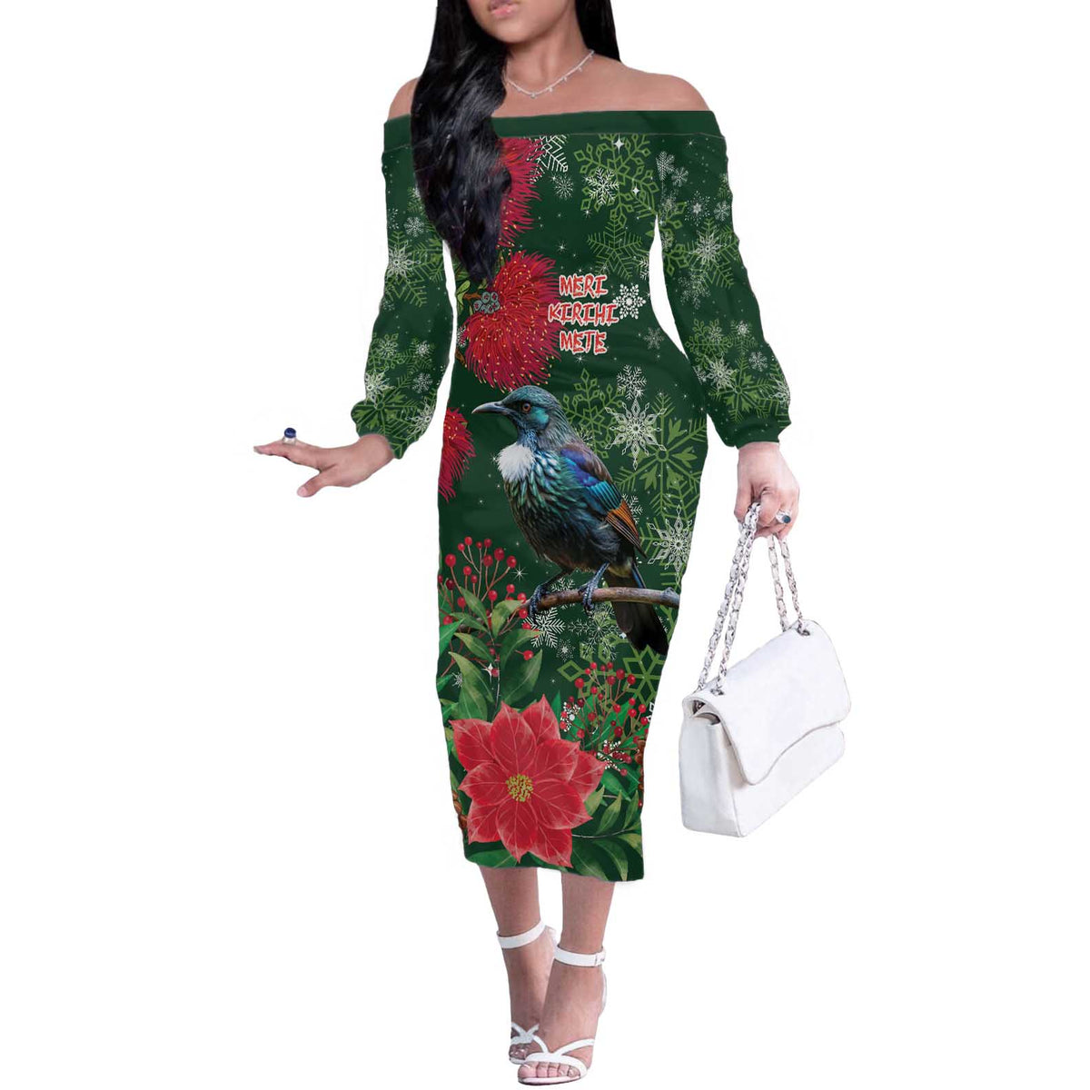 Tui Meri Kirihimete Personalised Off The Shoulder Long Sleeve Dress Pohutukawa Flowers Green Motif - Polynesian Pride