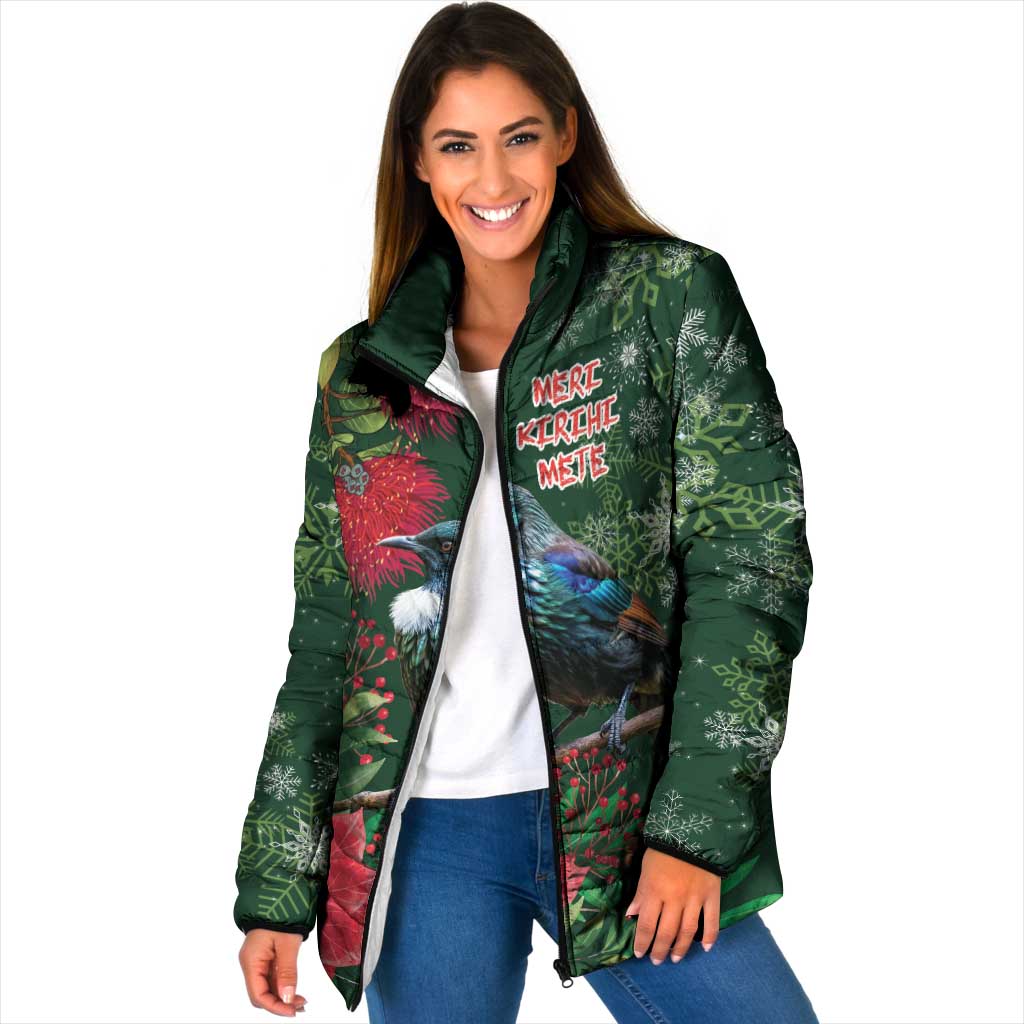 Tui Meri Kirihimete Personalised Padded Jacket Pohutukawa Flowers Green Motif - Polynesian Pride