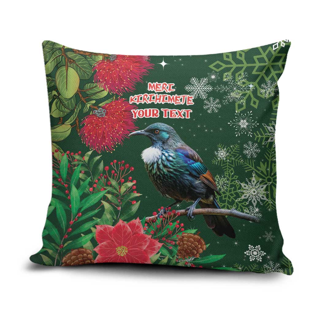 Tui Meri Kirihimete Personalised Pillow Cover Pohutukawa Flowers Green Motif - Polynesian Pride