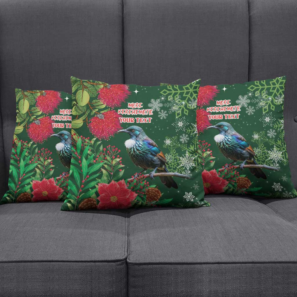 Tui Meri Kirihimete Personalised Pillow Cover Pohutukawa Flowers Green Motif - Polynesian Pride