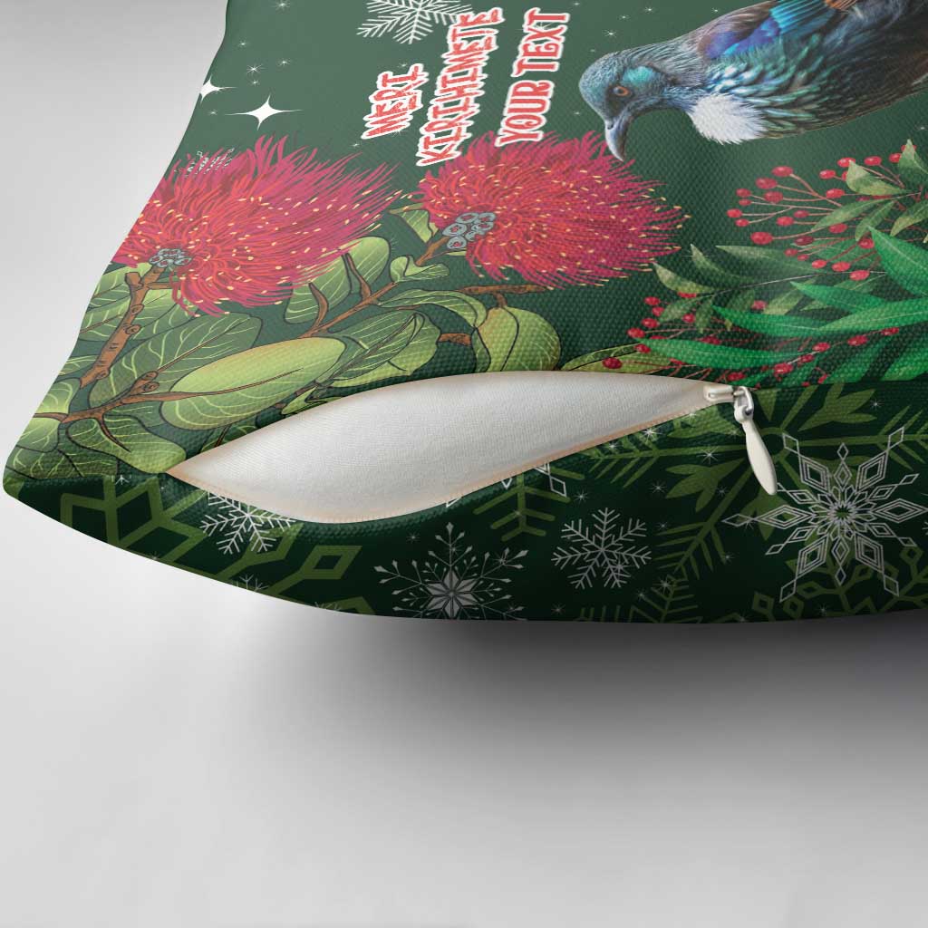 Tui Meri Kirihimete Personalised Pillow Cover Pohutukawa Flowers Green Motif - Polynesian Pride