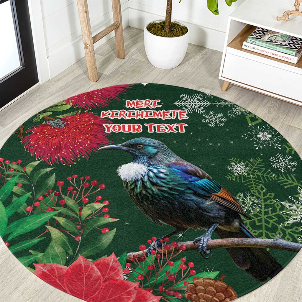 Tui Meri Kirihimete Personalised Round Carpet Pohutukawa Flowers Green Motif - Polynesian Pride