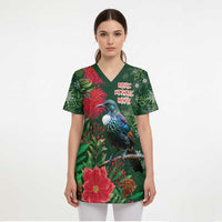 Tui Meri Kirihimete Personalised Scrub Top Pohutukawa Flowers Green Motif - Polynesian Pride