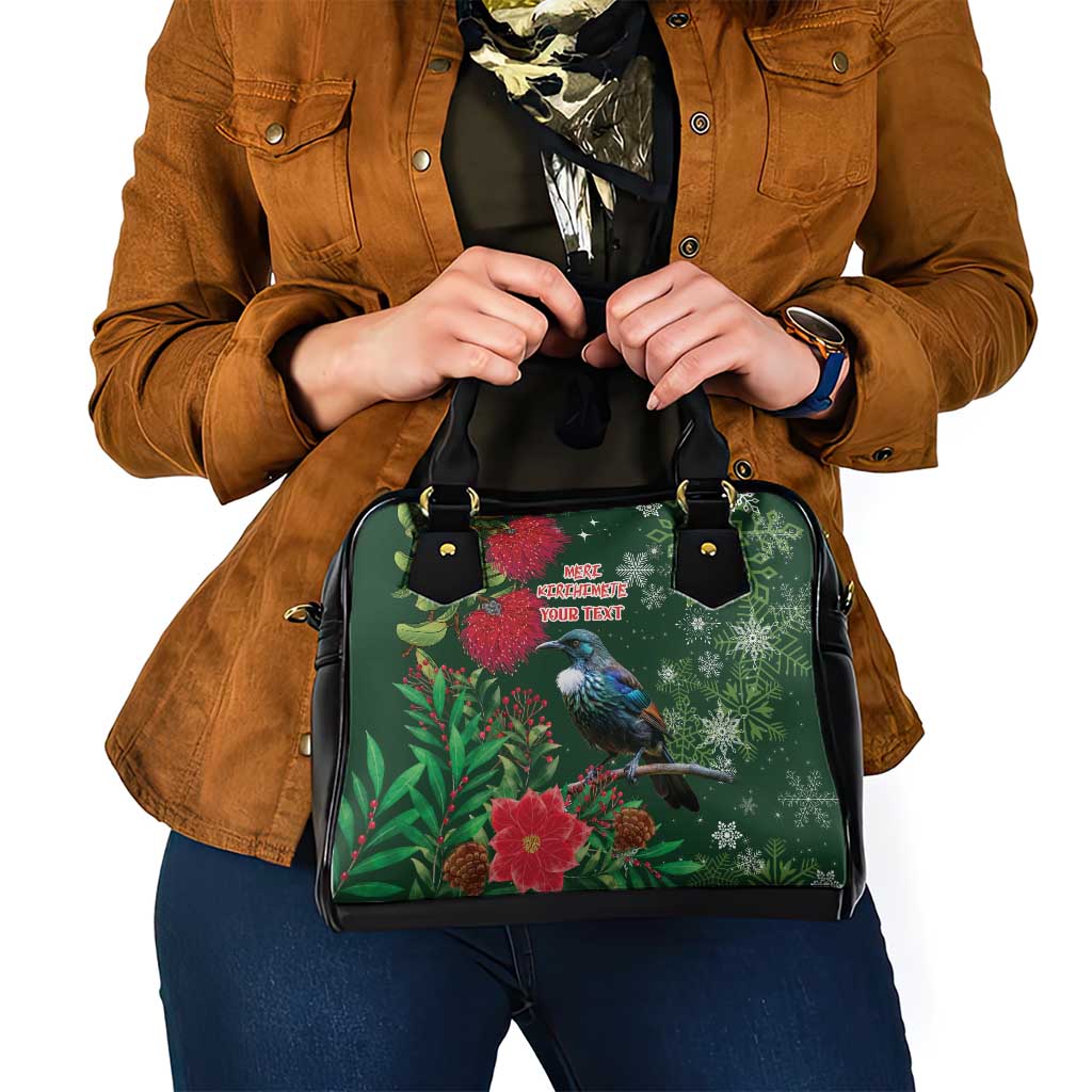 Tui Meri Kirihimete Personalised Shoulder Handbag Pohutukawa Flowers Green Motif - Polynesian Pride