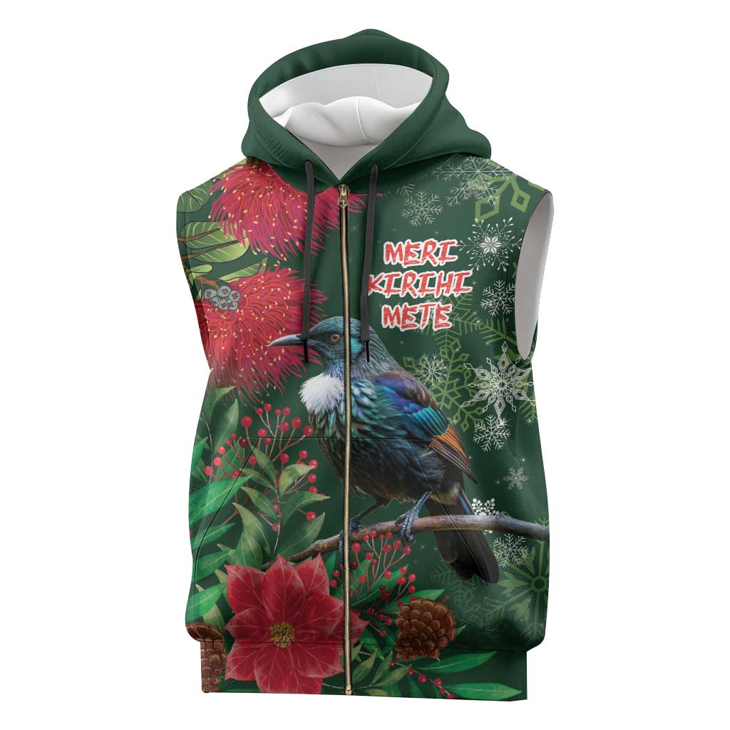 Tui Meri Kirihimete Personalised Sleeveless Zip Hoodie Pohutukawa Flowers Green Motif - Polynesian Pride