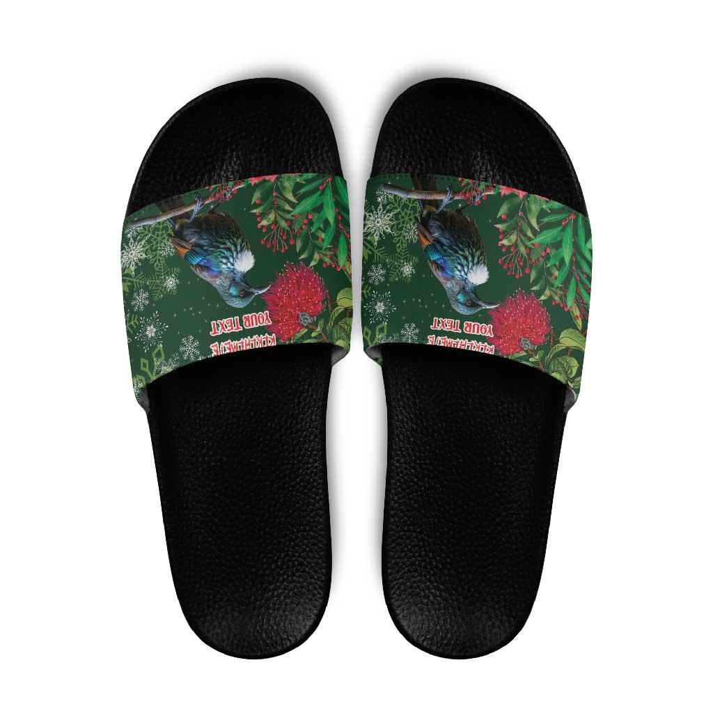 Tui Meri Kirihimete Personalised Slide Sandals Pohutukawa Flowers Green Motif - Polynesian Pride