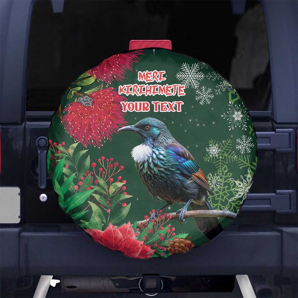 Tui Meri Kirihimete Personalised Spare Tire Cover Pohutukawa Flowers Green Motif - Polynesian Pride