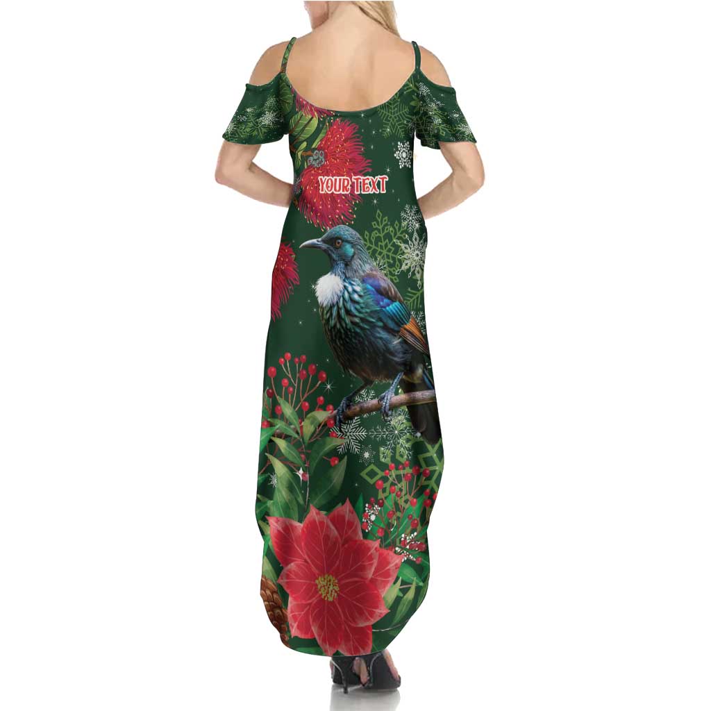 Tui Meri Kirihimete Personalised Summer Maxi Dress Pohutukawa Flowers Green Motif - Polynesian Pride