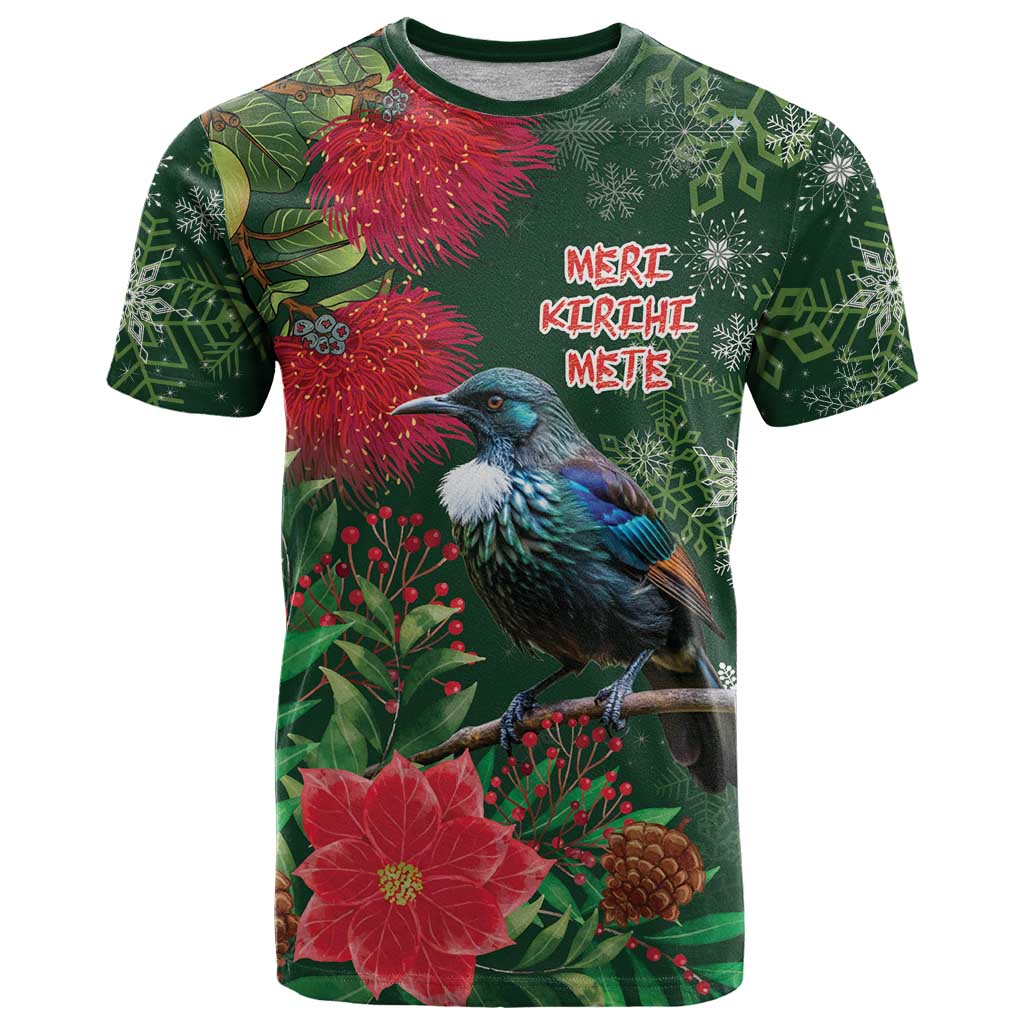 Tui Meri Kirihimete Personalised T Shirt Pohutukawa Flowers Green Motif - Polynesian Pride
