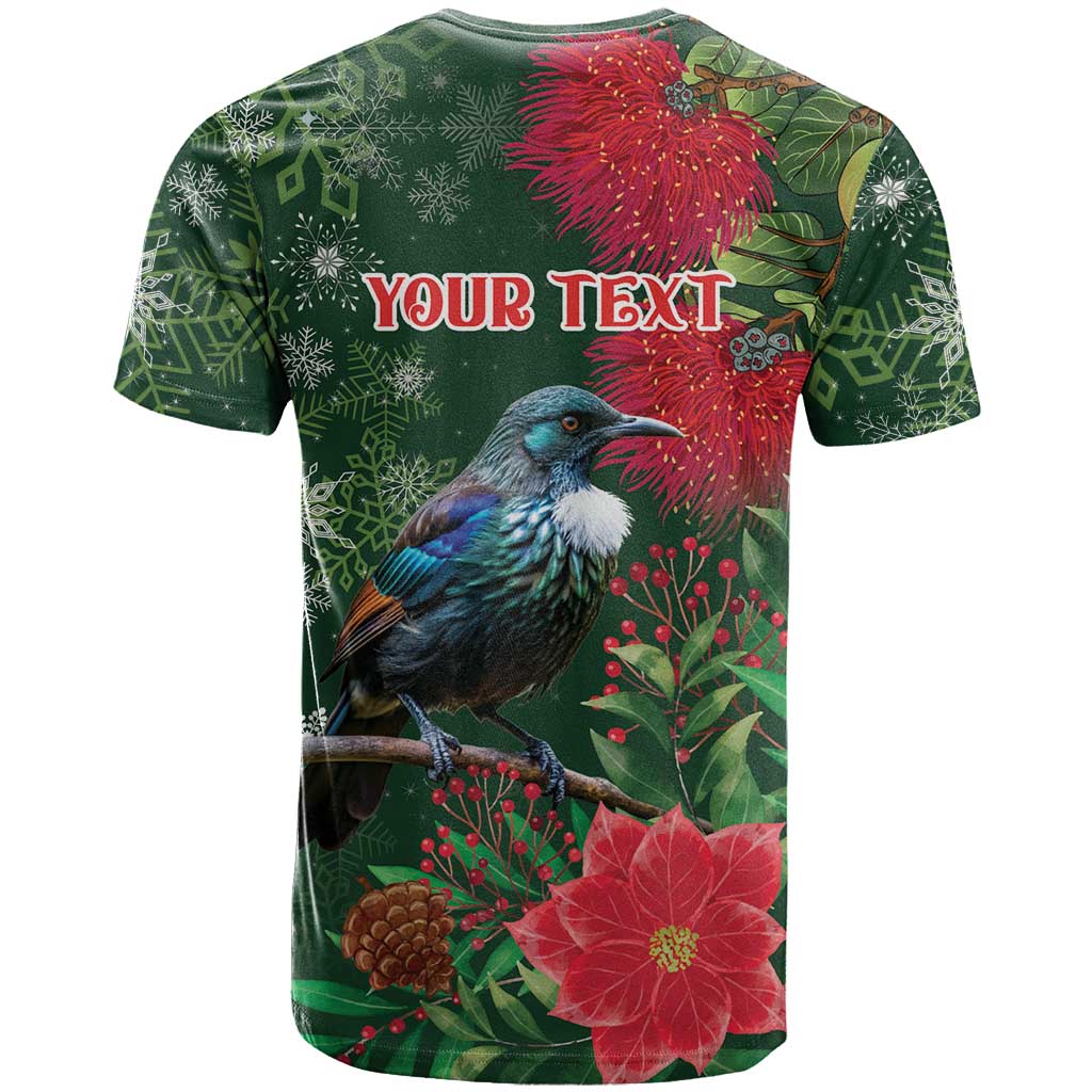Tui Meri Kirihimete Personalised T Shirt Pohutukawa Flowers Green Motif - Polynesian Pride
