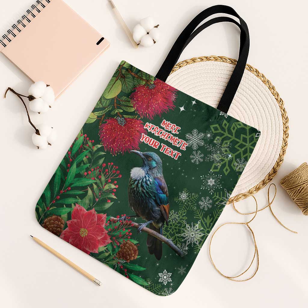 Tui Meri Kirihimete Personalised Tote Bag Pohutukawa Flowers Green Motif - Polynesian Pride