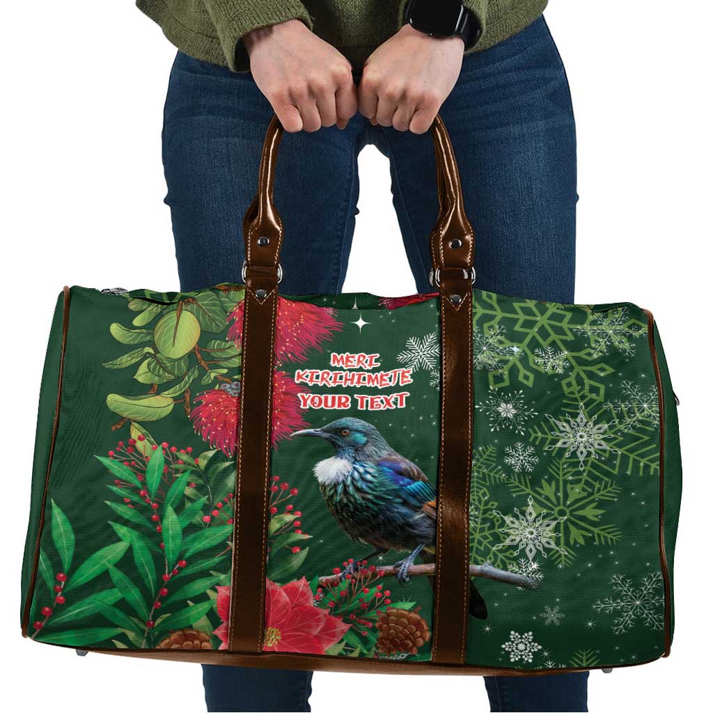 Tui Meri Kirihimete Personalised Travel Bag Pohutukawa Flowers Green Motif - Polynesian Pride