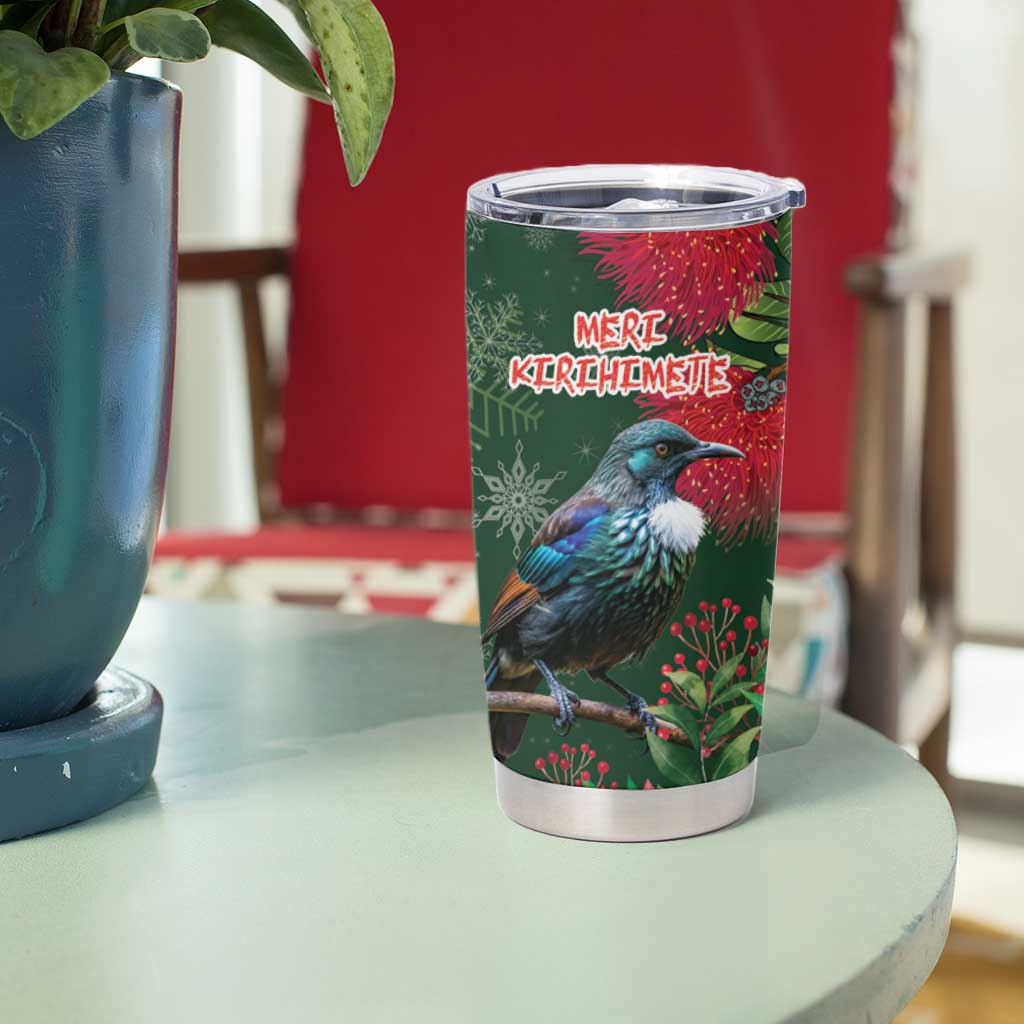 Tui Meri Kirihimete Personalised Tumbler Cup Pohutukawa Flowers Green Motif - Polynesian Pride