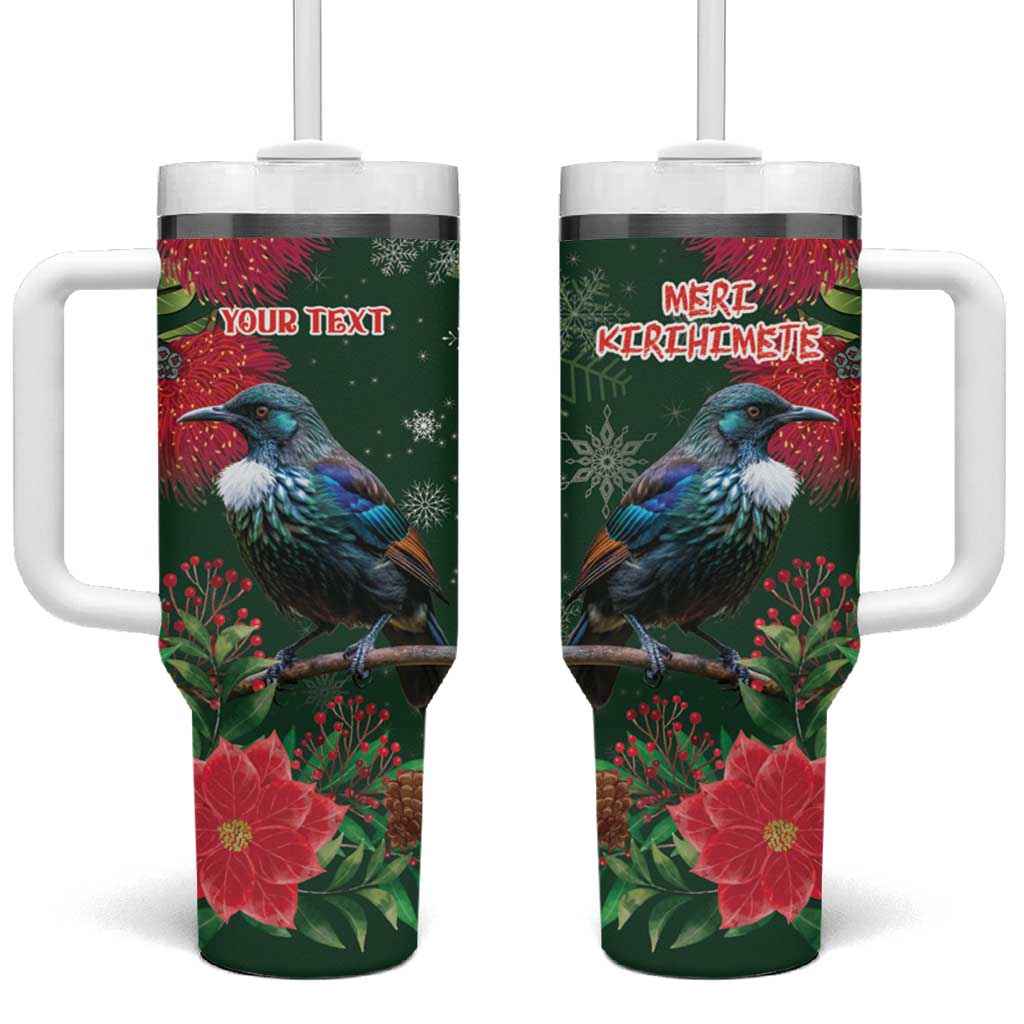 Tui Meri Kirihimete Personalised Tumbler With Handle Pohutukawa Flowers Green Motif - Polynesian Pride