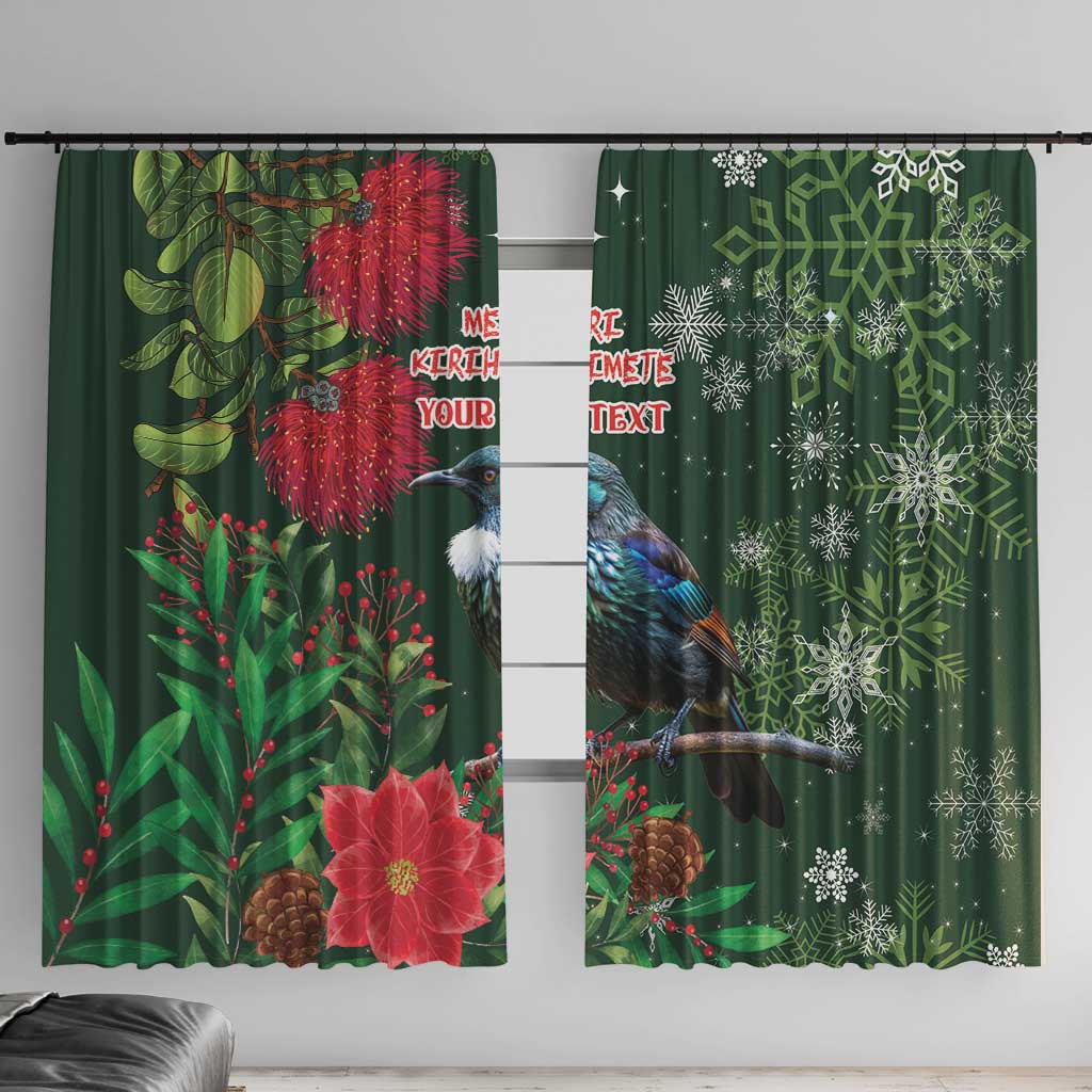 Tui Meri Kirihimete Personalised Window Curtain Pohutukawa Flowers Green Motif - Polynesian Pride