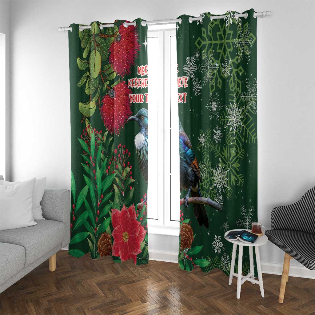 Tui Meri Kirihimete Personalised Window Curtain Pohutukawa Flowers Green Motif LT9 With Grommets Green - Polynesian Pride