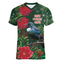 Tui Meri Kirihimete Personalised Women V-Neck T-Shirt Pohutukawa Flowers Green Motif - Polynesian Pride