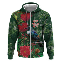 Tui Meri Kirihimete Personalised Zip Hoodie Pohutukawa Flowers Green Motif - Polynesian Pride