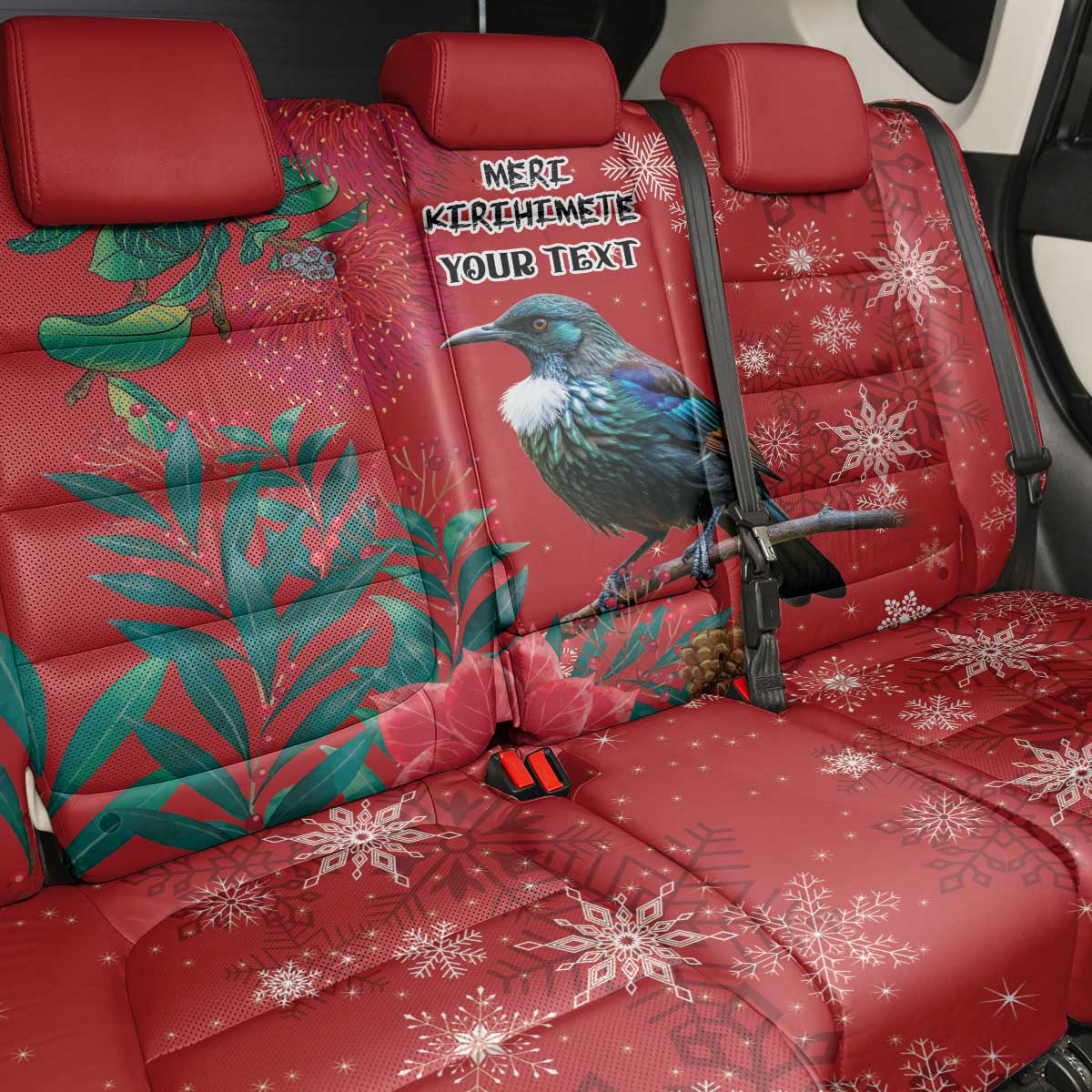 Tui Meri Kirihimete Personalised Back Car Seat Cover Pohutukawa Flowers Red Motif - Polynesian Pride