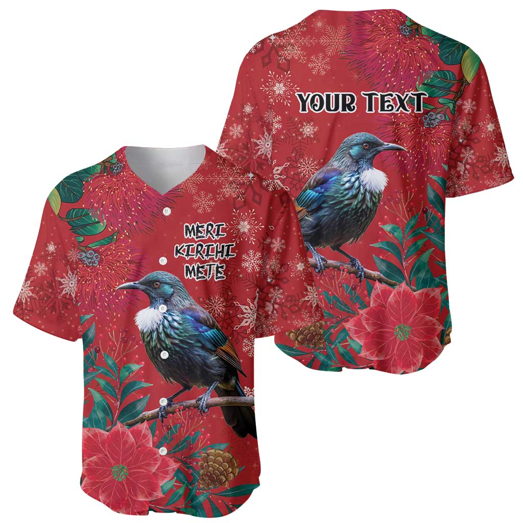 Tui Meri Kirihimete Personalised Baseball Jersey Pohutukawa Flowers Red Motif - Polynesian Pride