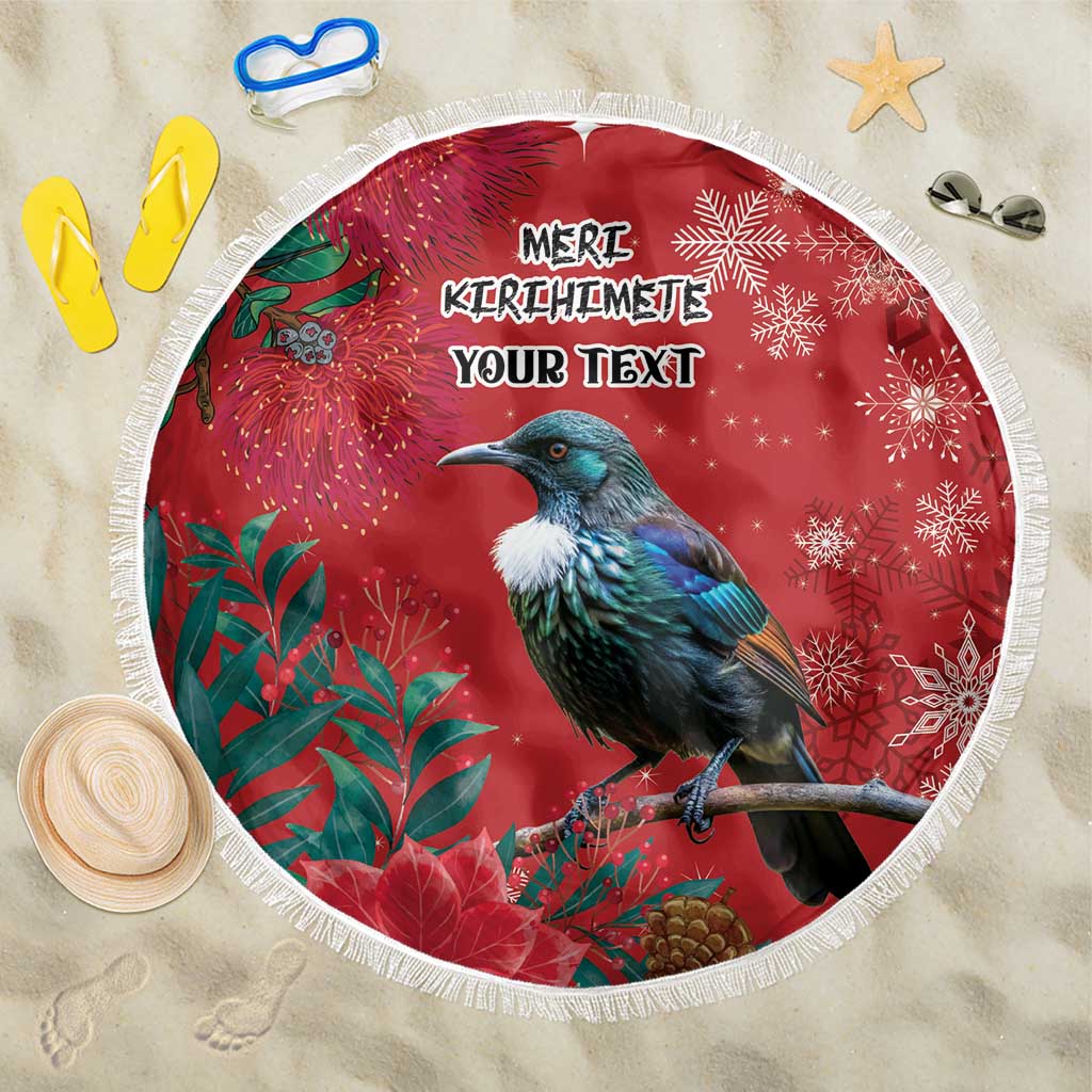 Tui Meri Kirihimete Personalised Beach Blanket Pohutukawa Flowers Red Motif - Polynesian Pride