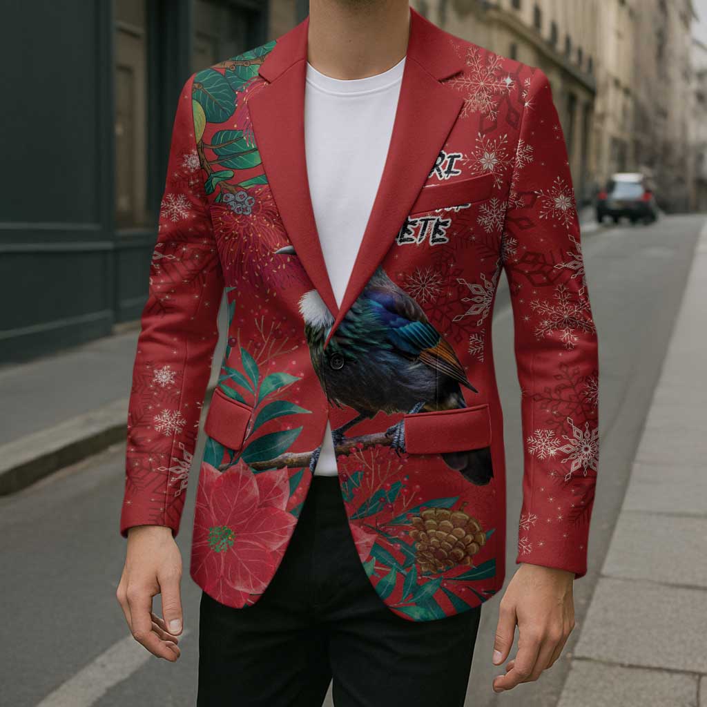 Tui Meri Kirihimete Personalised Blazer Pohutukawa Flowers Red Motif - Polynesian Pride
