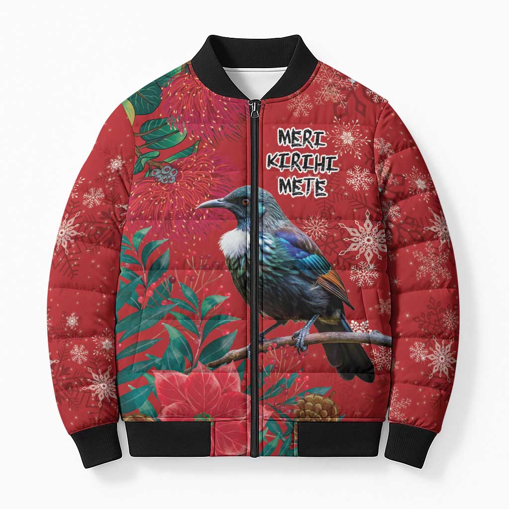 Tui Meri Kirihimete Personalised Bomber Puffer Jacket Pohutukawa Flowers Red Motif - Polynesian Pride