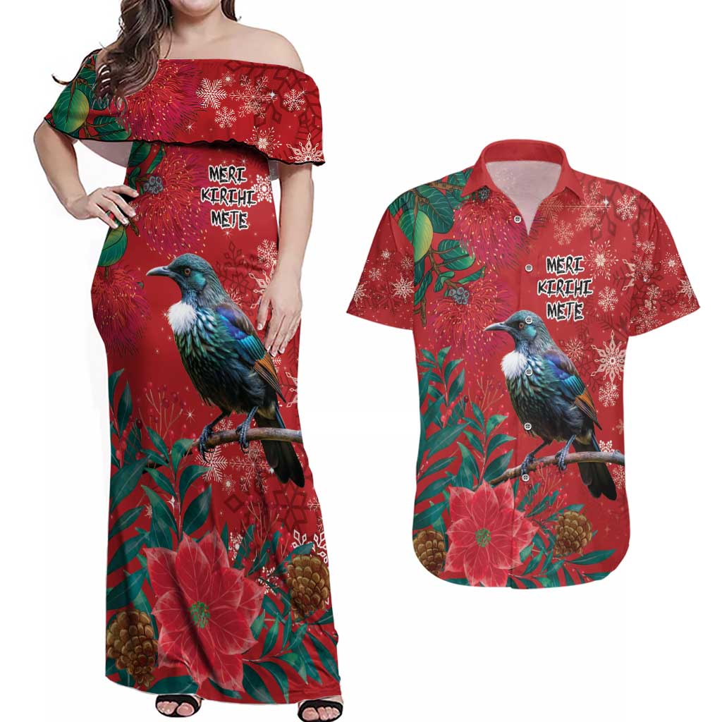 Tui Meri Kirihimete Personalised Couples Matching Off Shoulder Maxi Dress and Hawaiian Shirt Pohutukawa Flowers Red Motif - Polynesian Pride