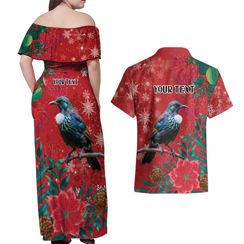 Tui Meri Kirihimete Personalised Couples Matching Off Shoulder Maxi Dress and Hawaiian Shirt Pohutukawa Flowers Red Motif - Polynesian Pride