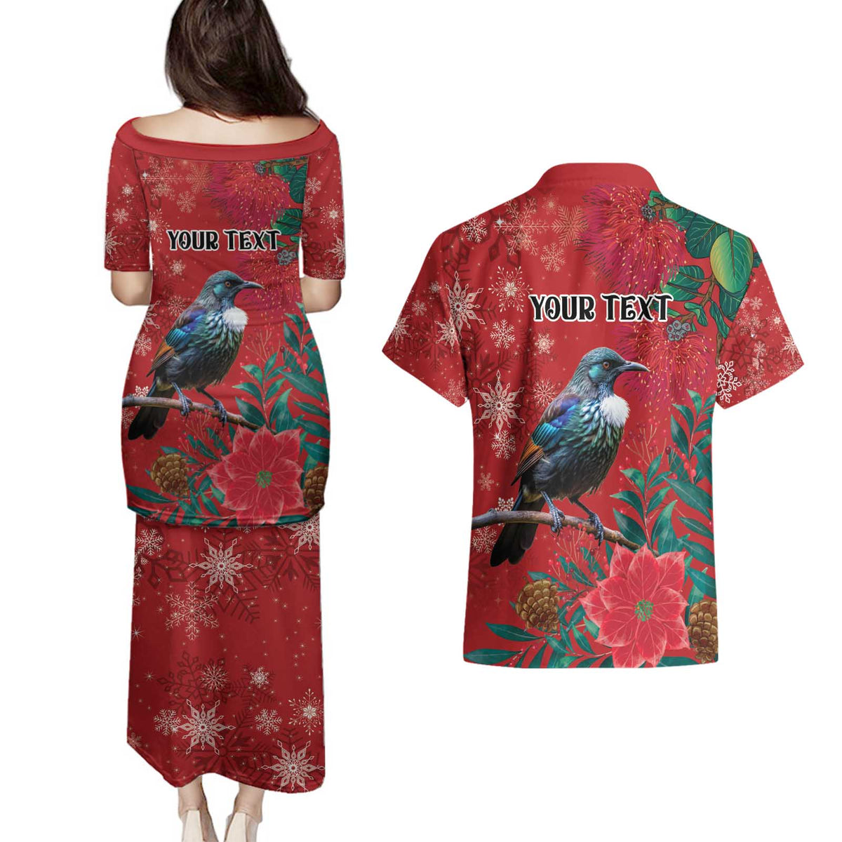 Tui Meri Kirihimete Personalised Couples Matching Puletasi and Hawaiian Shirt Pohutukawa Flowers Red Motif - Polynesian Pride