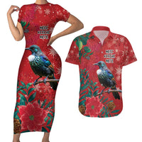 Tui Meri Kirihimete Personalised Couples Matching Short Sleeve Bodycon Dress and Hawaiian Shirt Pohutukawa Flowers Red Motif - Polynesian Pride