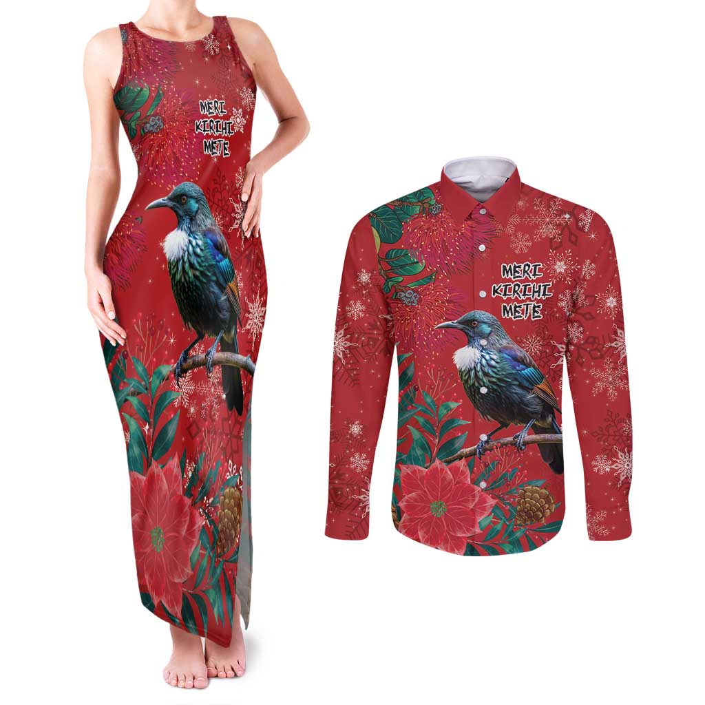 Tui Meri Kirihimete Personalised Couples Matching Tank Maxi Dress and Long Sleeve Button Shirt Pohutukawa Flowers Red Motif - Polynesian Pride
