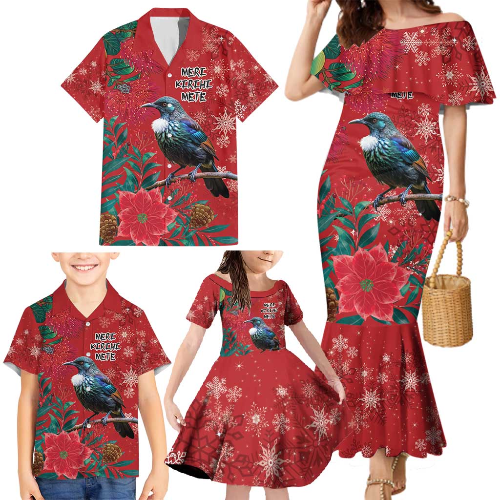 Tui Meri Kirihimete Personalised Family Matching Mermaid Dress and Hawaiian Shirt Pohutukawa Flowers Red Motif - Polynesian Pride