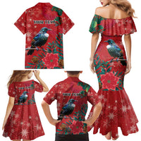 Tui Meri Kirihimete Personalised Family Matching Mermaid Dress and Hawaiian Shirt Pohutukawa Flowers Red Motif - Polynesian Pride
