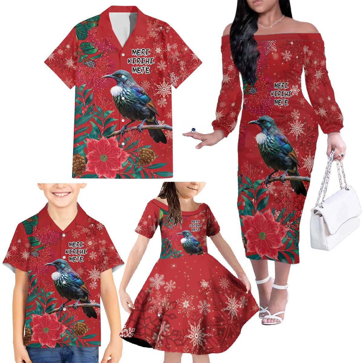 Tui Meri Kirihimete Personalised Family Matching Off The Shoulder Long Sleeve Dress and Hawaiian Shirt Pohutukawa Flowers Red Motif - Polynesian Pride