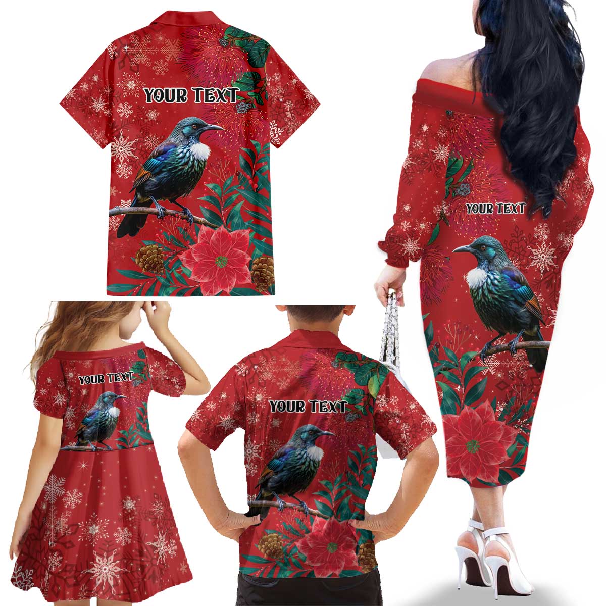 Tui Meri Kirihimete Personalised Family Matching Off The Shoulder Long Sleeve Dress and Hawaiian Shirt Pohutukawa Flowers Red Motif - Polynesian Pride