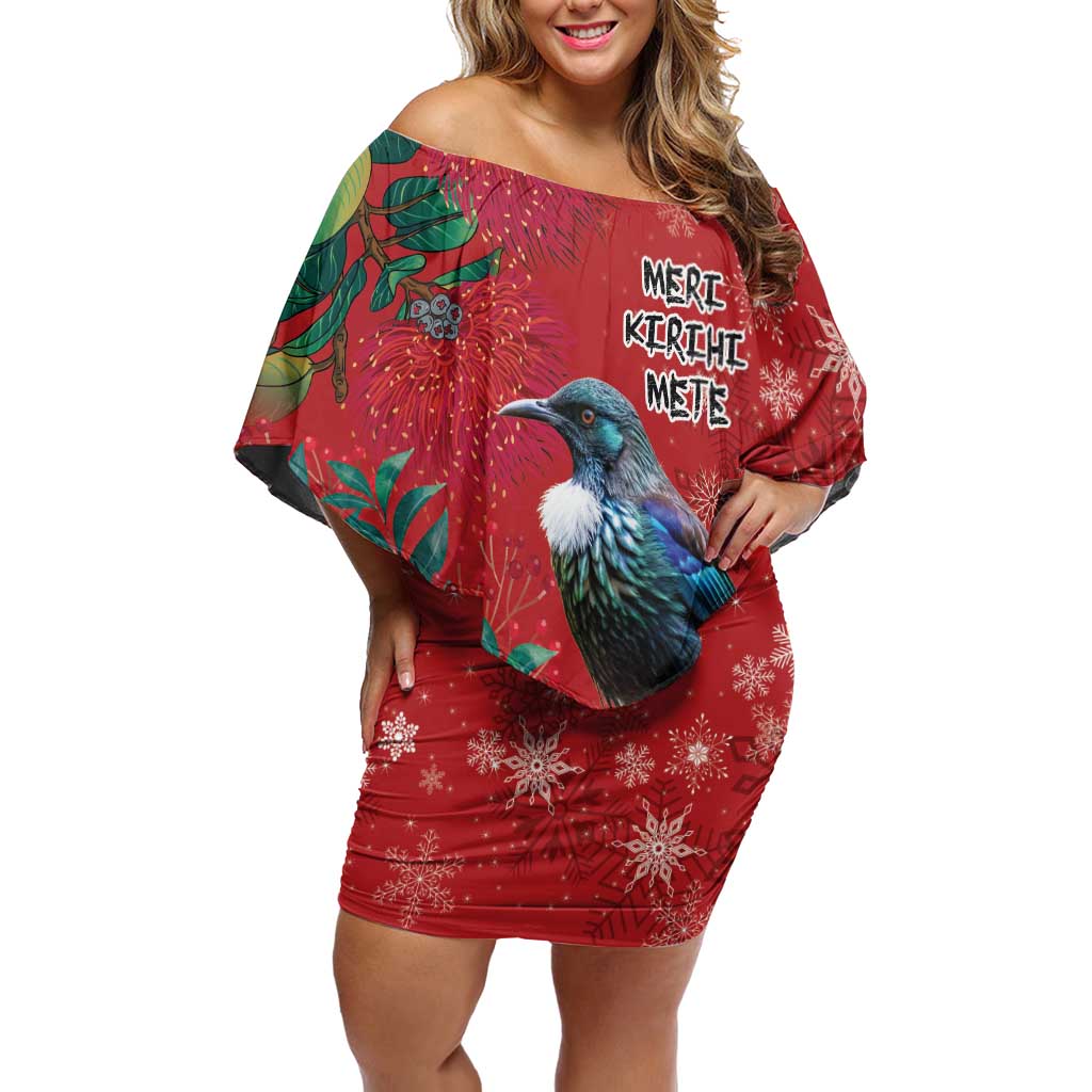 Tui Meri Kirihimete Personalised Family Matching Off Shoulder Short Dress and Hawaiian Shirt Pohutukawa Flowers Red Motif - Polynesian Pride