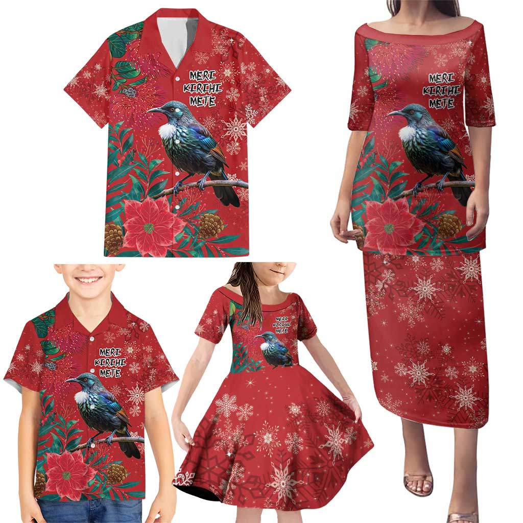 Tui Meri Kirihimete Personalised Family Matching Puletasi and Hawaiian Shirt Pohutukawa Flowers Red Motif - Polynesian Pride