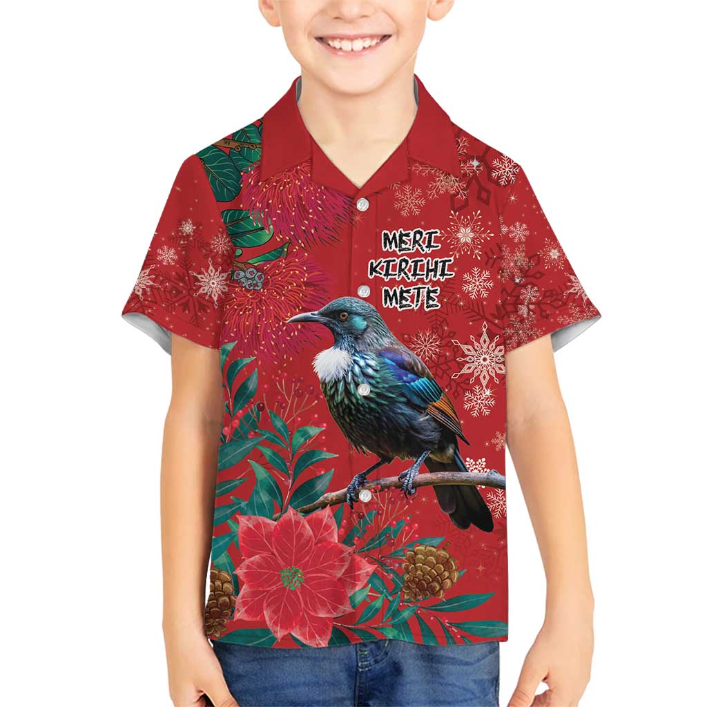 Tui Meri Kirihimete Personalised Family Matching Puletasi and Hawaiian Shirt Pohutukawa Flowers Red Motif - Polynesian Pride