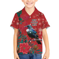 Tui Meri Kirihimete Personalised Family Matching Puletasi and Hawaiian Shirt Pohutukawa Flowers Red Motif - Polynesian Pride