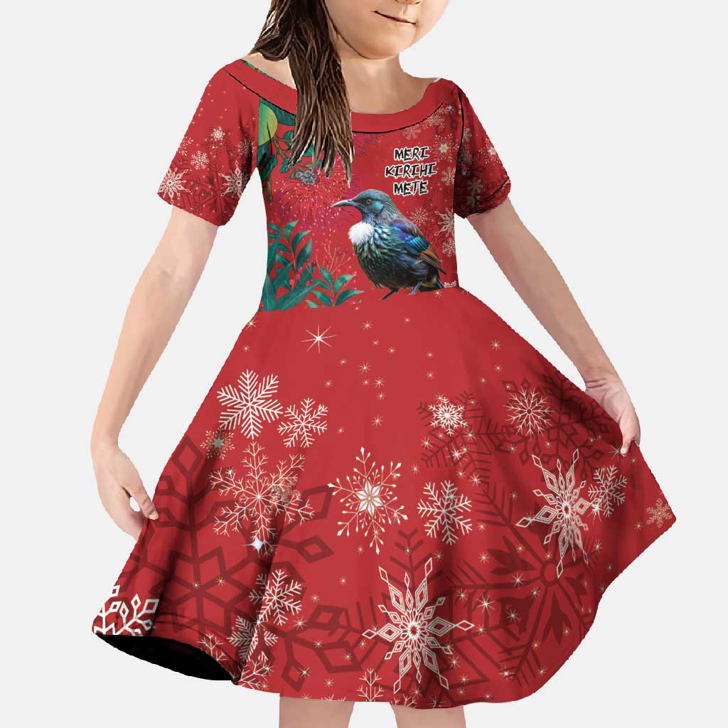 Tui Meri Kirihimete Personalised Family Matching Short Sleeve Bodycon Dress and Hawaiian Shirt Pohutukawa Flowers Red Motif - Polynesian Pride