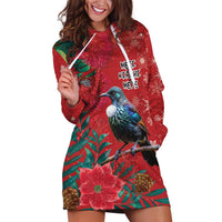 Tui Meri Kirihimete Personalised Hoodie Dress Pohutukawa Flowers Red Motif - Polynesian Pride