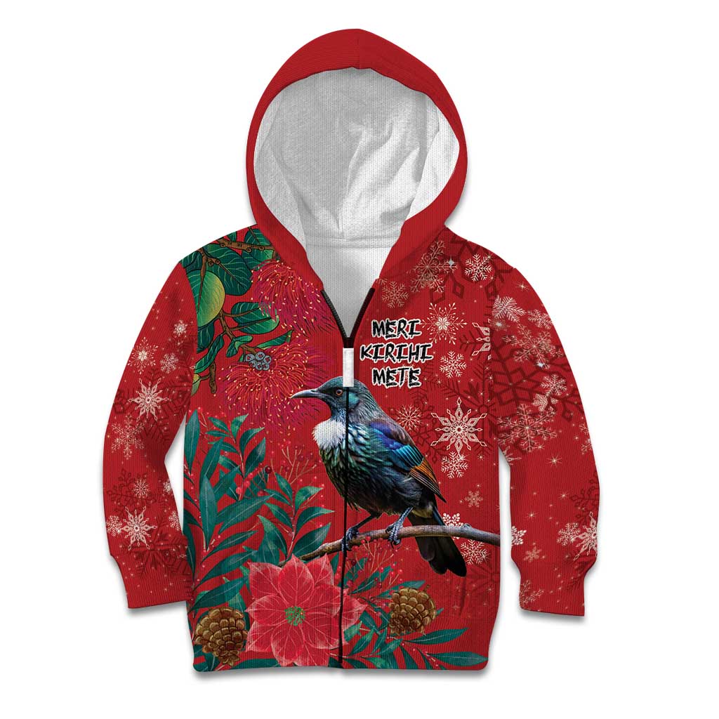 Tui Meri Kirihimete Personalised Kid Hoodie Pohutukawa Flowers Red Motif - Polynesian Pride